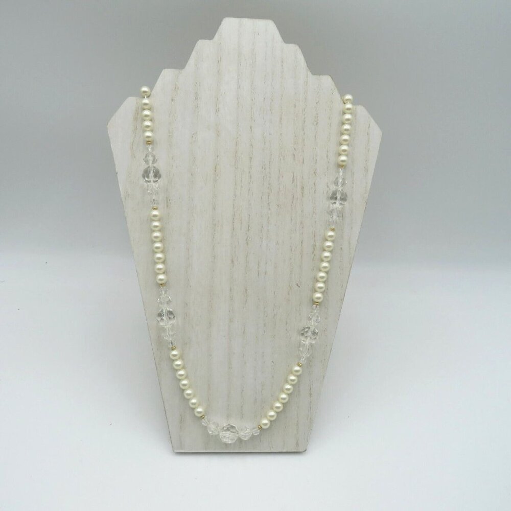 Marvella Necklace 28" Imitation Pearl Clear Beads Gold Tone Spacers Vintage